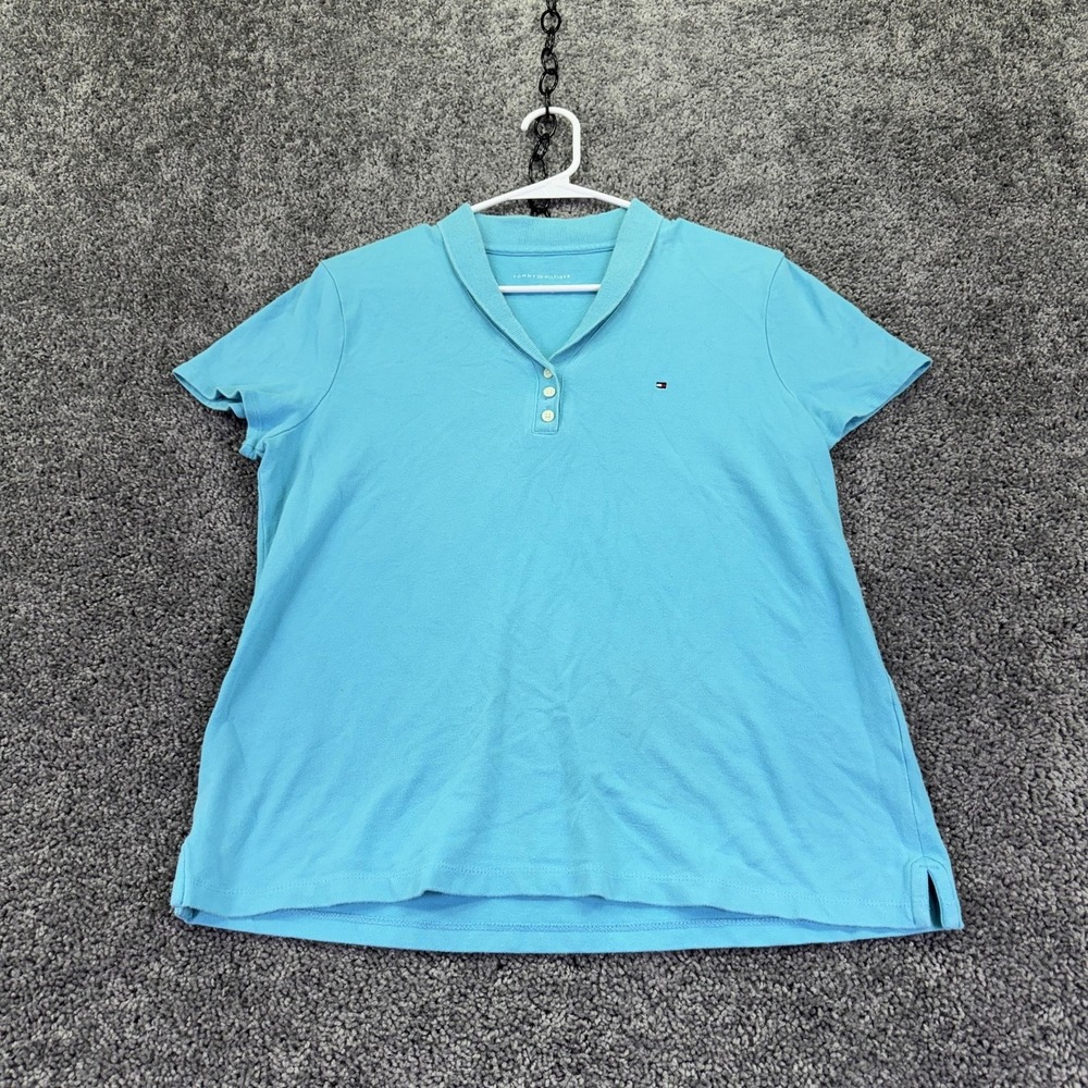 Tommy Hilfiger Shirt Womens L Blue Short Sleeve Collared Polo Casual Stretch